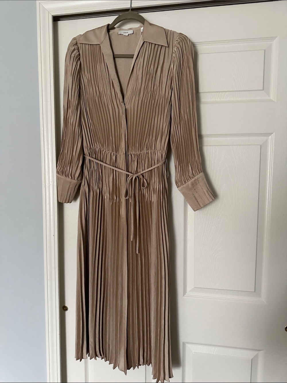 Vince Taupe Pleated Midi Shirt Dress with Waist Tie